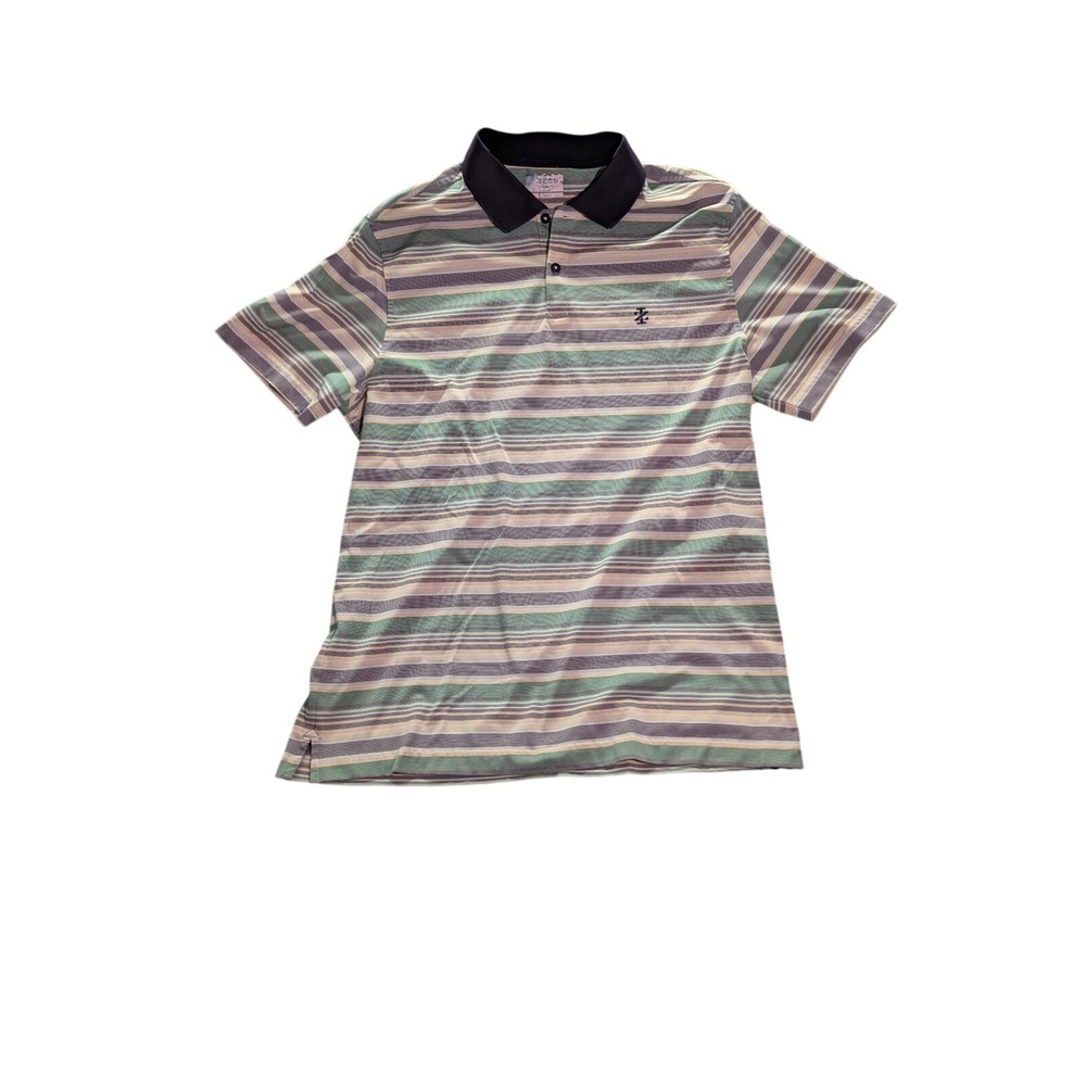 IZOD Golf Mens Medium Polo Shirt Striped Green Purple Short Sleeve Performance